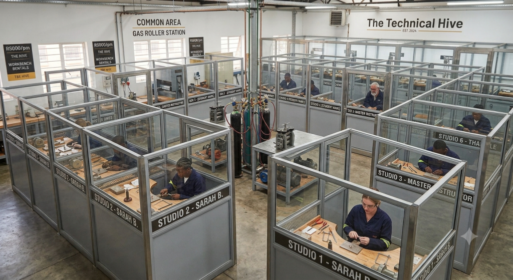 High-angle view of an industrial jewellery workspace layout called The Technical Hive, showing individual glass-partitioned private studios labeled Studio 1 and Studio 2, surrounding a shared gas roller station.