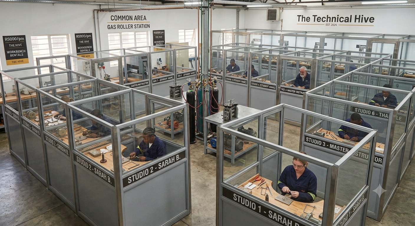 High-angle view of an industrial jewellery workspace layout called The Technical Hive, showing individual glass-partitioned private studios labeled Studio 1 and Studio 2, surrounding a shared gas roller station.